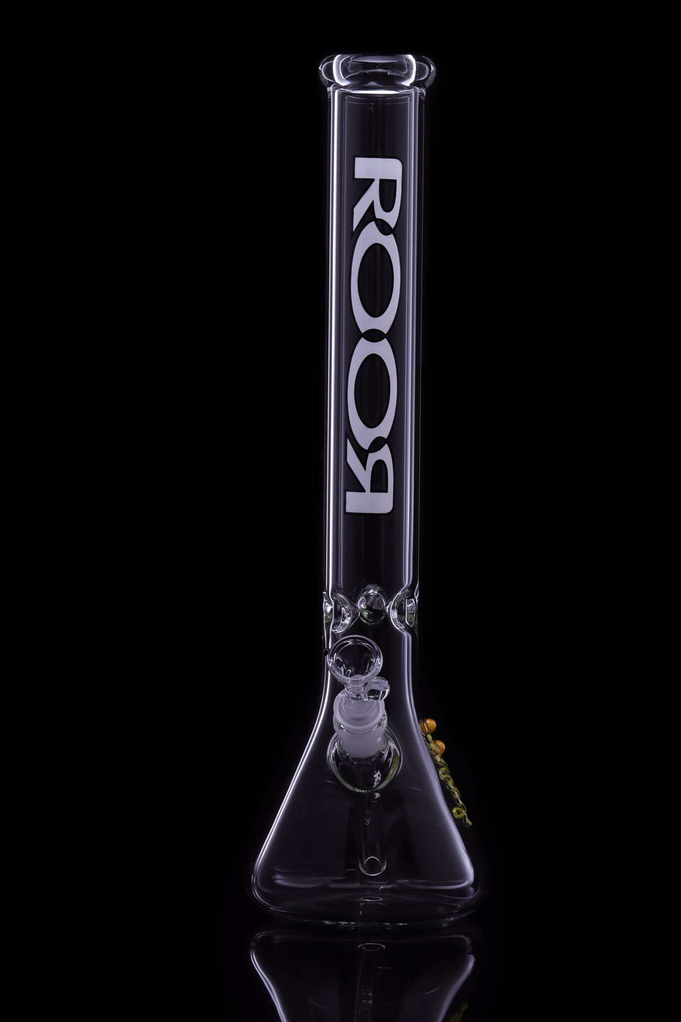 ROOR Classic 18" Beaker 50x5mm glass with white black decal on black background.