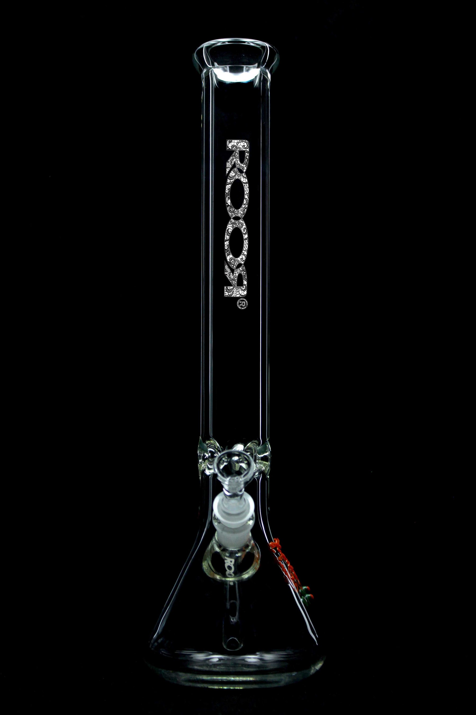 ROOR® Classic 18" Beaker with Lace Decal, made of 50x5mm German Schott glass, featuring built-in ice pinches.