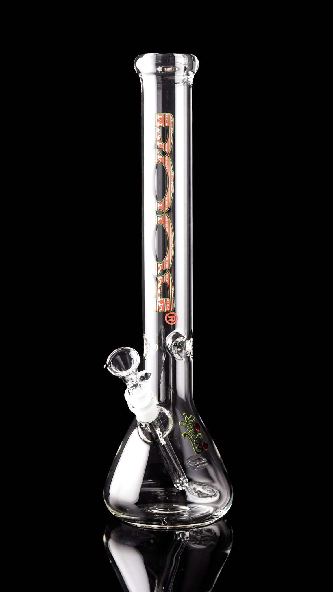 ROOR Classic 18 inch clear glass beaker bong with X-Mas Ugly Sweater decal on black background