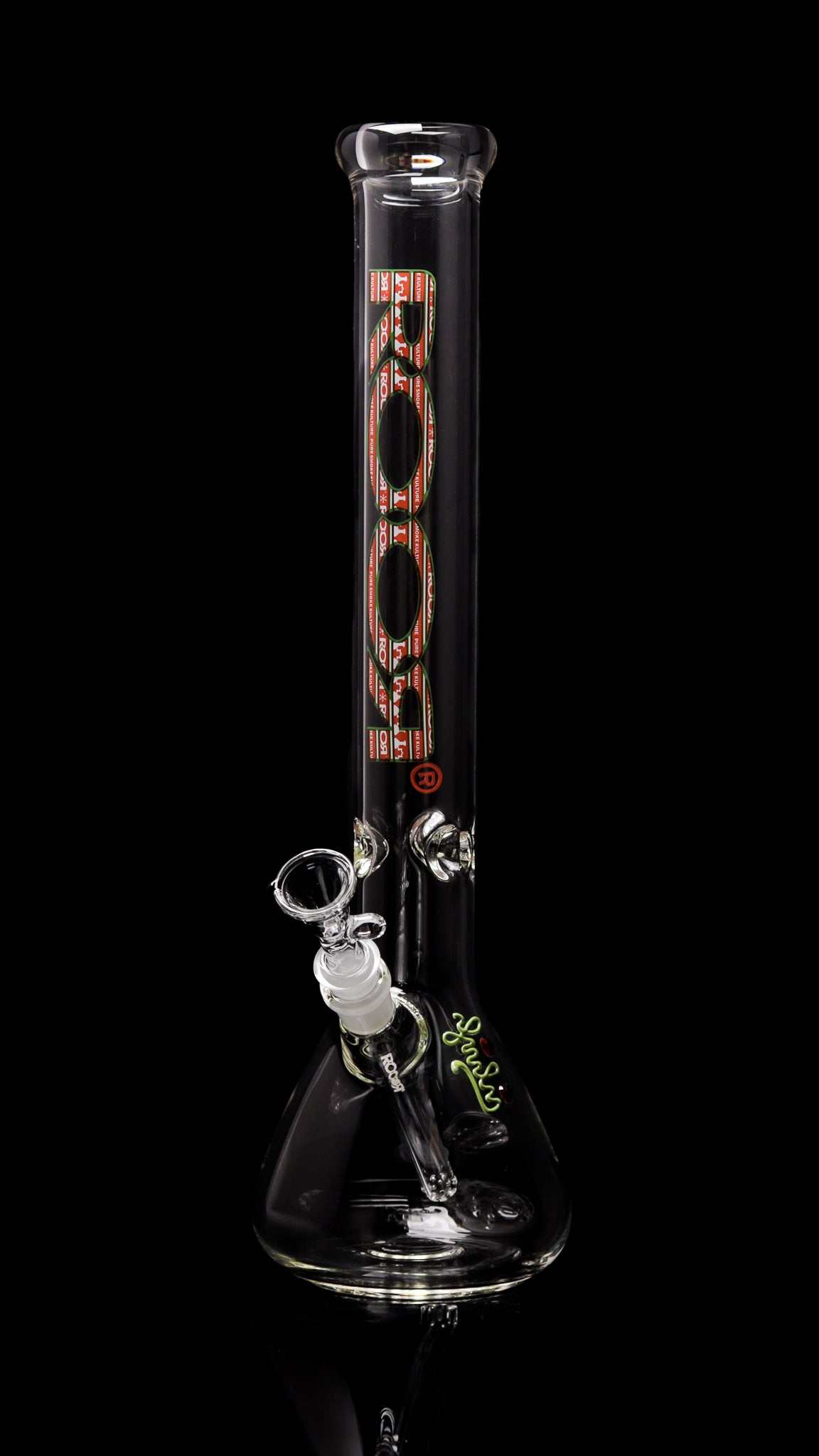 ROOR Classic 18 inch beaker bong 50x5mm German Schott glass with X-Mas Ugly Sweater decal on black background