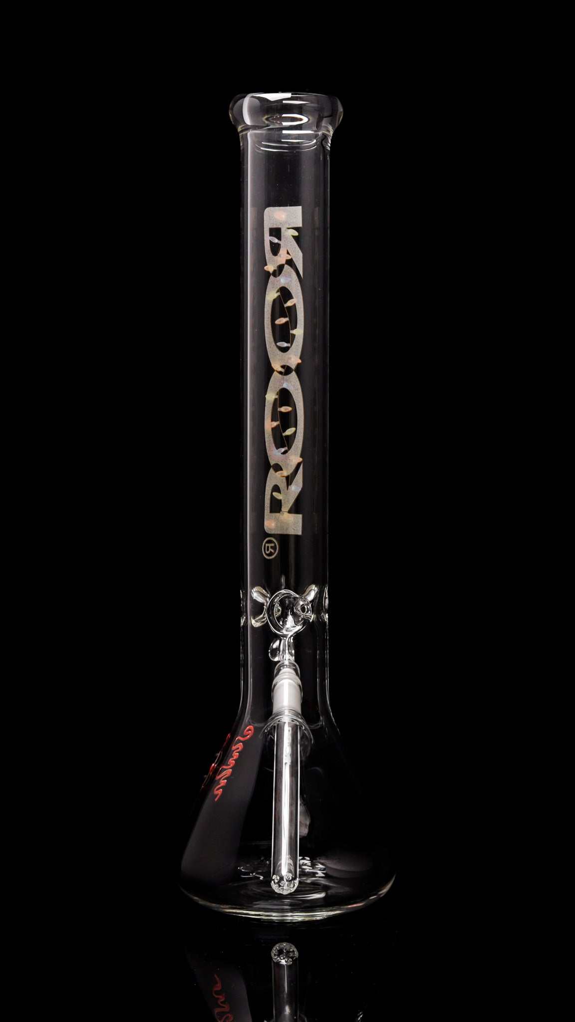 ROOR Classic 18-inch clear glass beaker water pipe with X-Mas Lights decal and hand-signed logo on black background