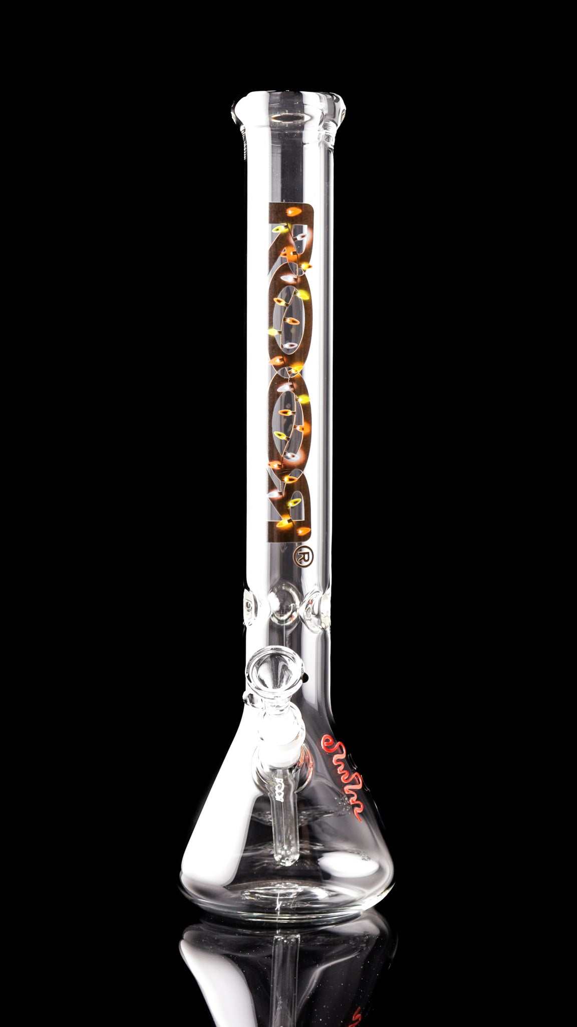 ROOR Classic 18" Beaker 50x5mm glass bong with X-Mas Lights decal on black background