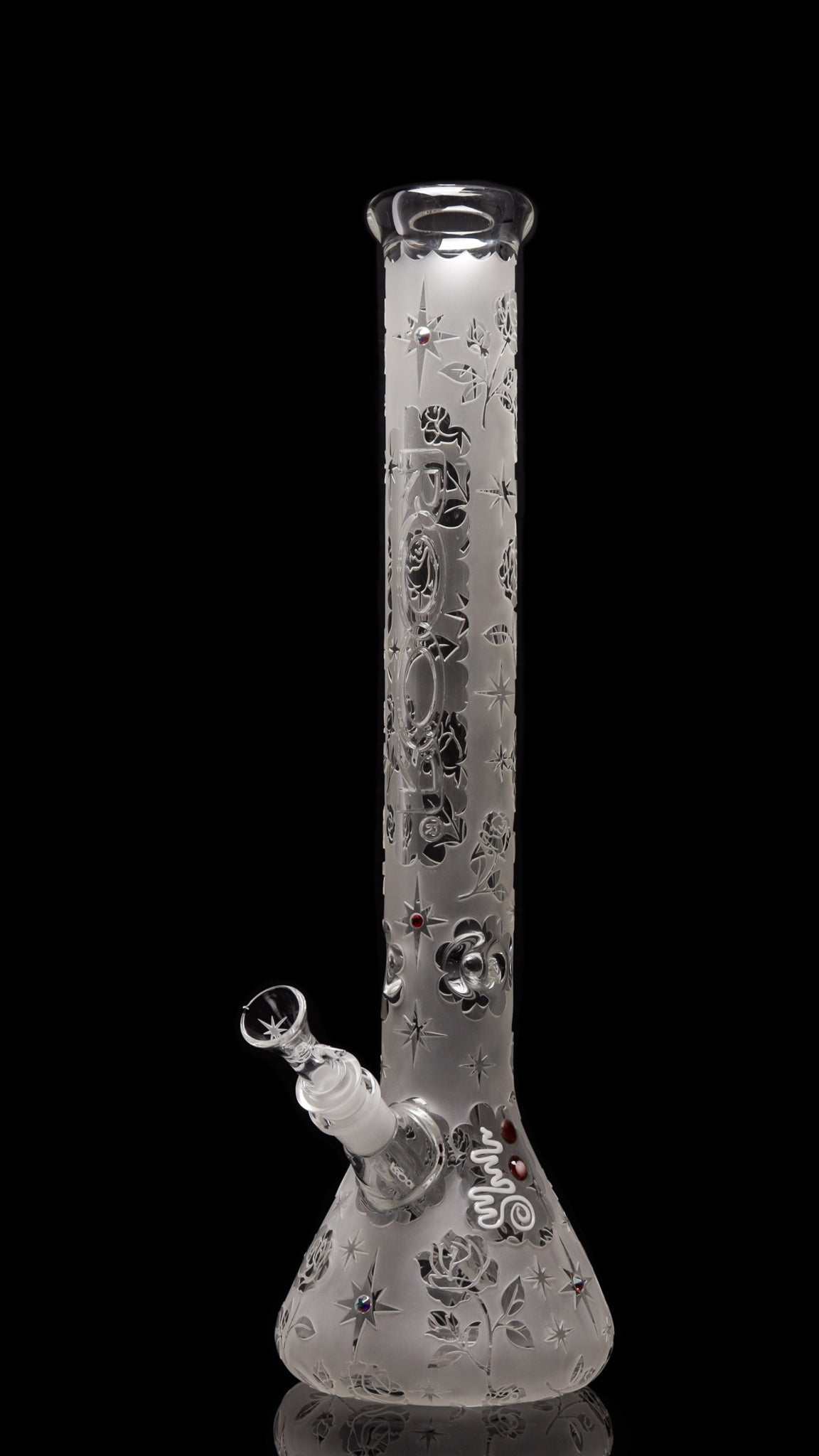 ROOR sandblasted 18-inch beaker bong with Swarovski rose crystal design and 50x7mm German Schott glass construction