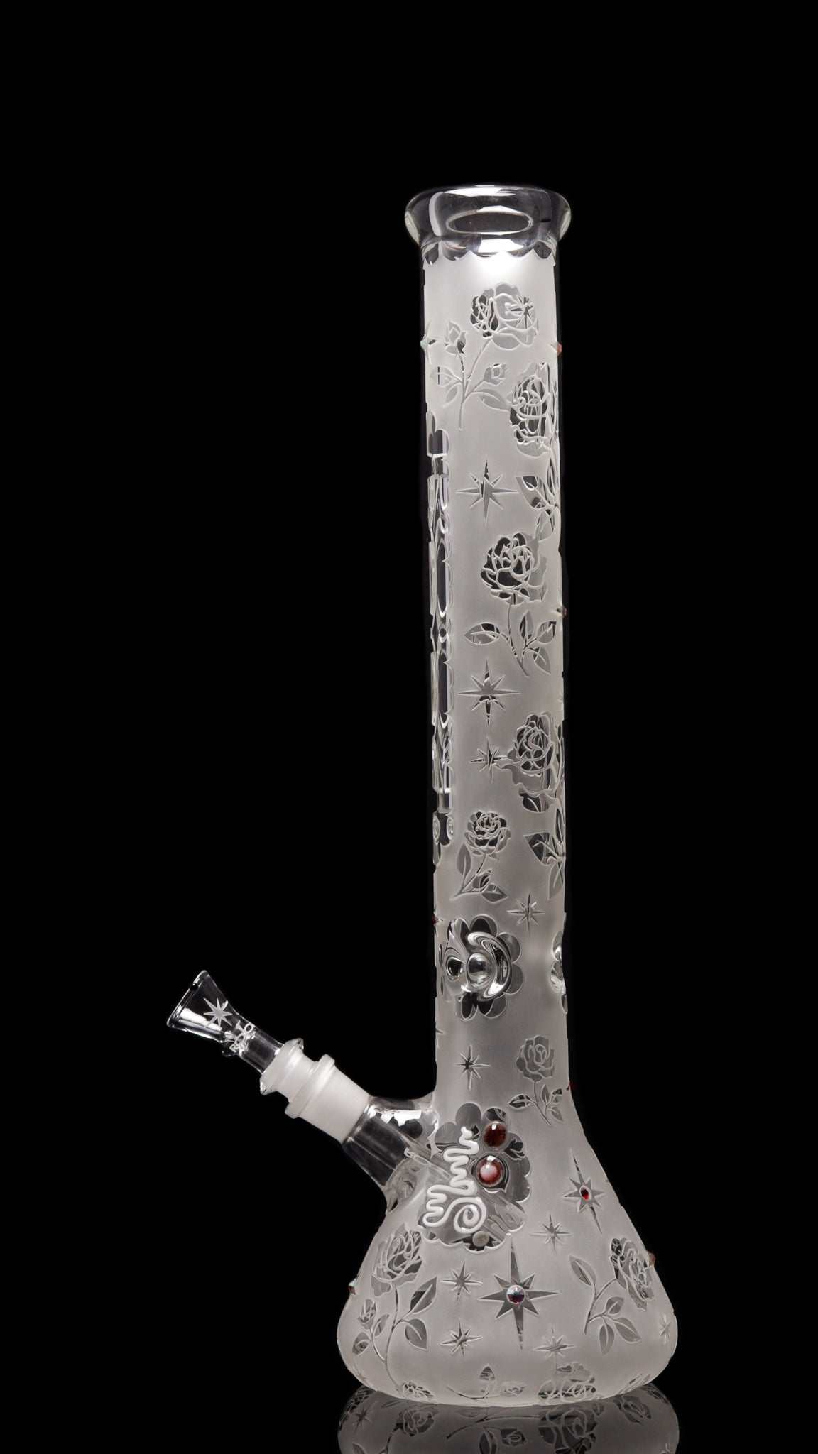 ROOR sandblasted 18-inch glass beaker bong with Swarovski rose design and hand-crafted German Schott glass