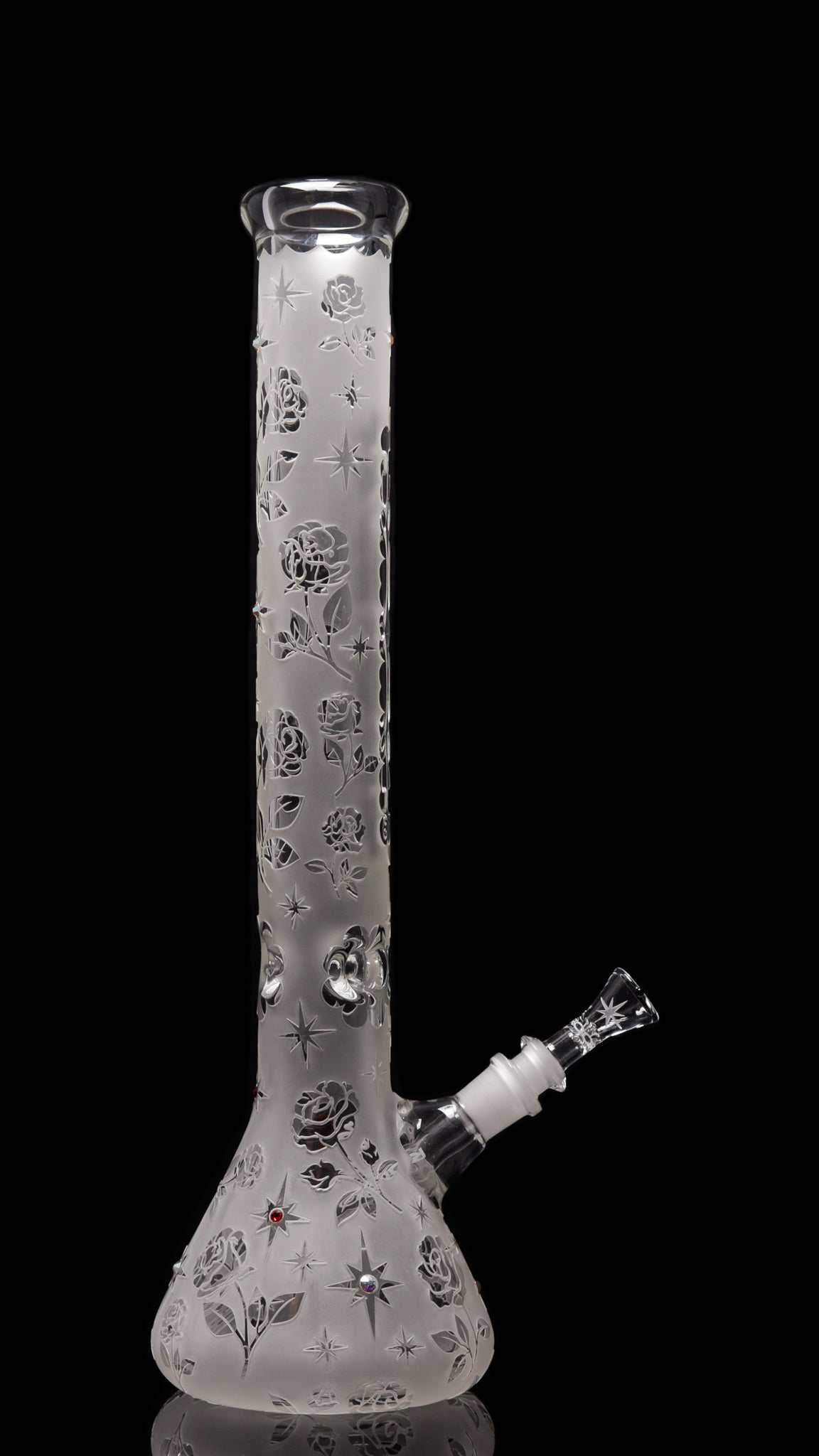 ROOR® sandblasted 18-inch glass beaker bong with Swarovski rose design and ice pinches