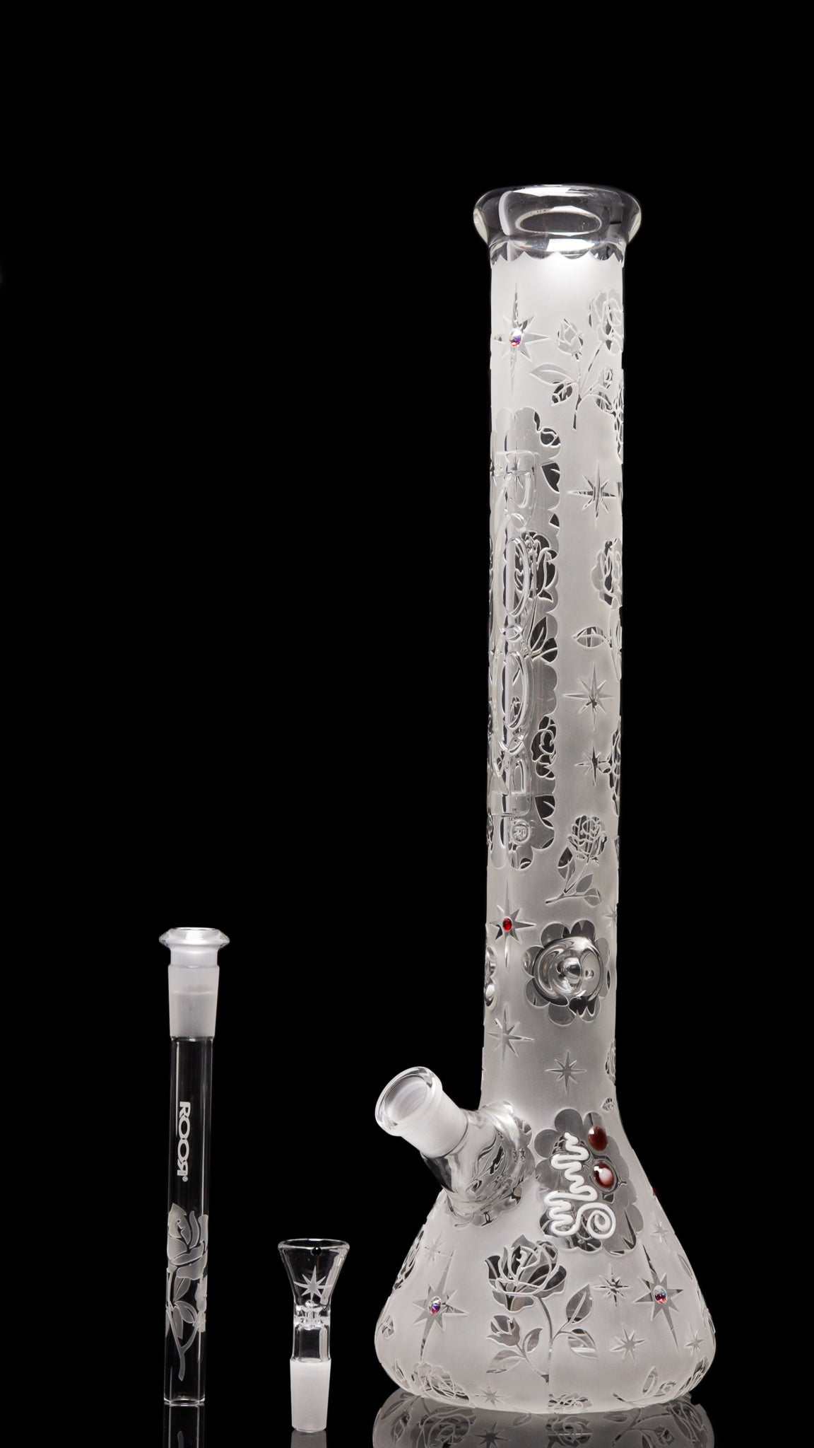 ROOR® Sandblasted 18 inch glass beaker bong with 50x7mm thickness and Swarovski rose crystal accents on frosted body