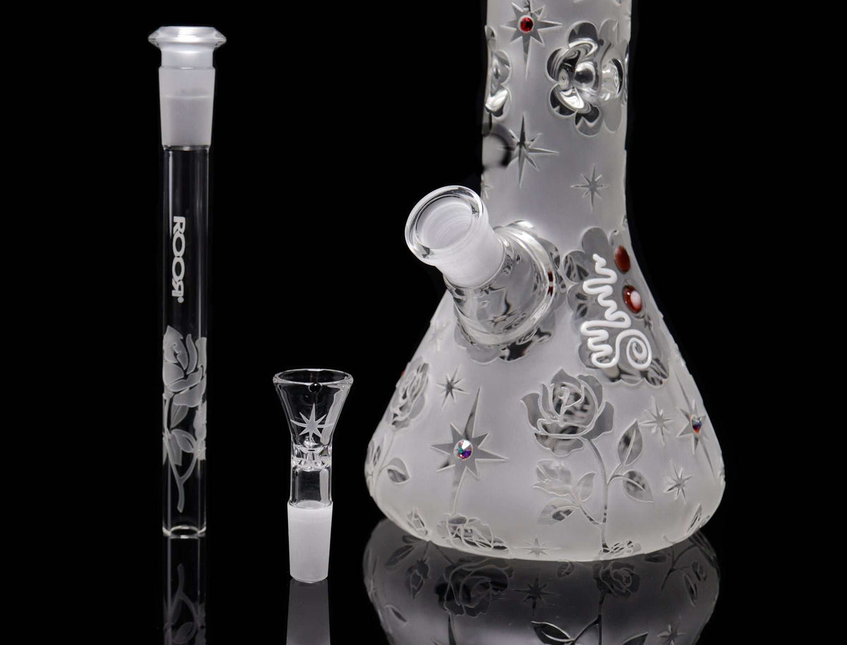 ROOR sandblasted 18-inch beaker glass bong with etched rose design and Swarovski crystals, 50x7mm thickness, including downstem and funnel bowl.