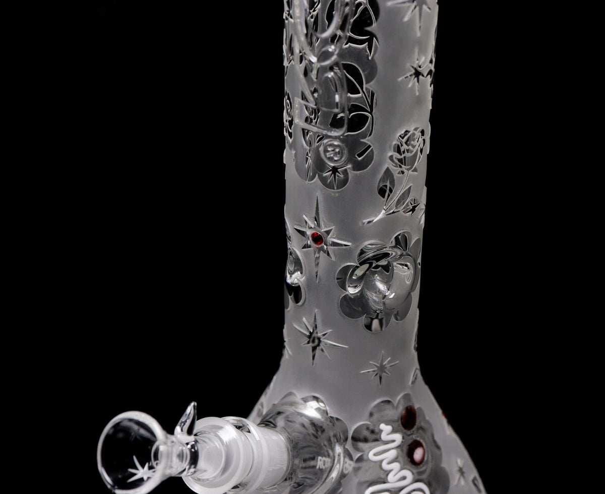 ROOR® Sandblasted 18" beaker bong with 50x7mm German Schott glass and Swarovski rose crystal accents.