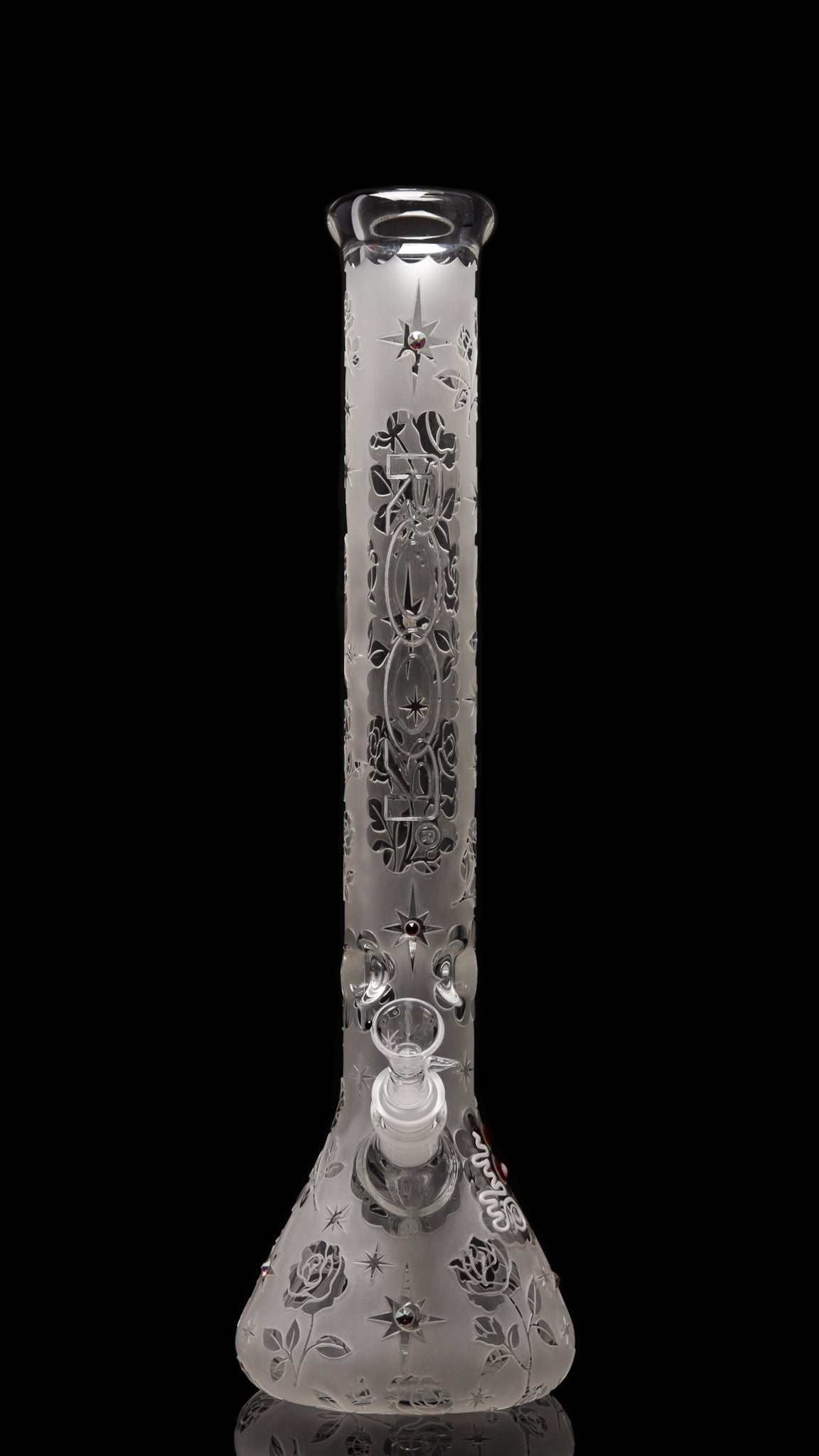 ROOR Sandblasted 18-inch glass beaker bong with Swarovski rose crystals and intricate engravings, made from thick 50x7mm German Schott glass.