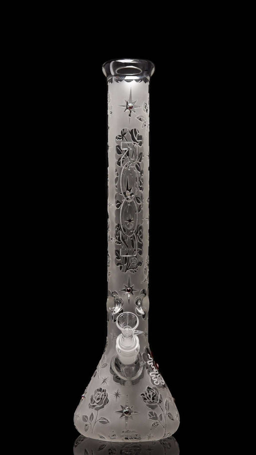 ROOR Sandblasted 18-inch glass beaker bong with Swarovski rose crystals and intricate engravings, made from thick 50x7mm German Schott glass.