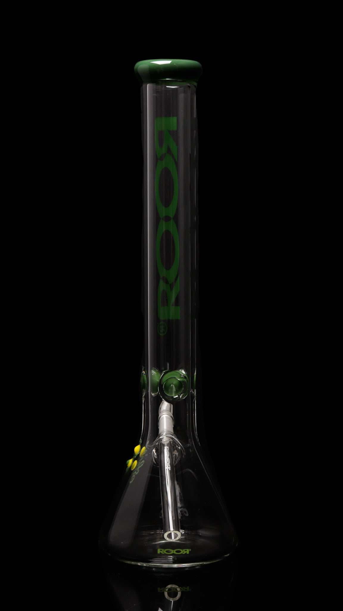 ROOR® Classic 18" beaker with green color mouthpiece, 50x7mm German Schott glass, ice pinches, and matching color rim bowl displayed.