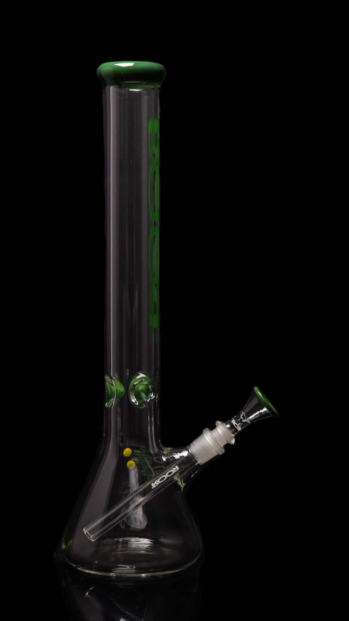 ROOR® Classic 18" Beaker with green mouthpiece and ice pinches, made from 50x7mm German Schott glass.