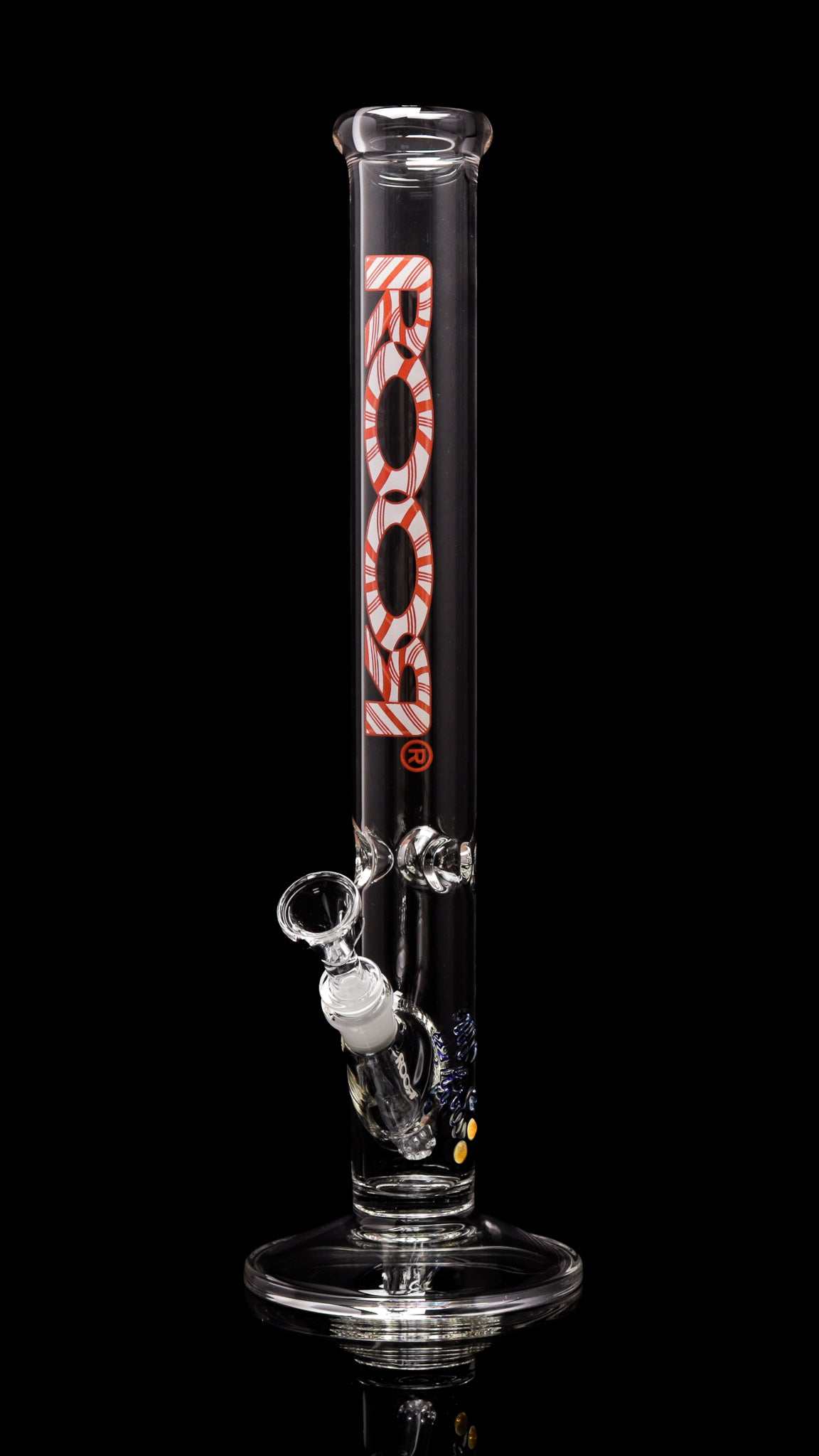 ROOR Classic 18" Straight 50x5mm glass beaker bong with X-Mas candy cane decal on black background