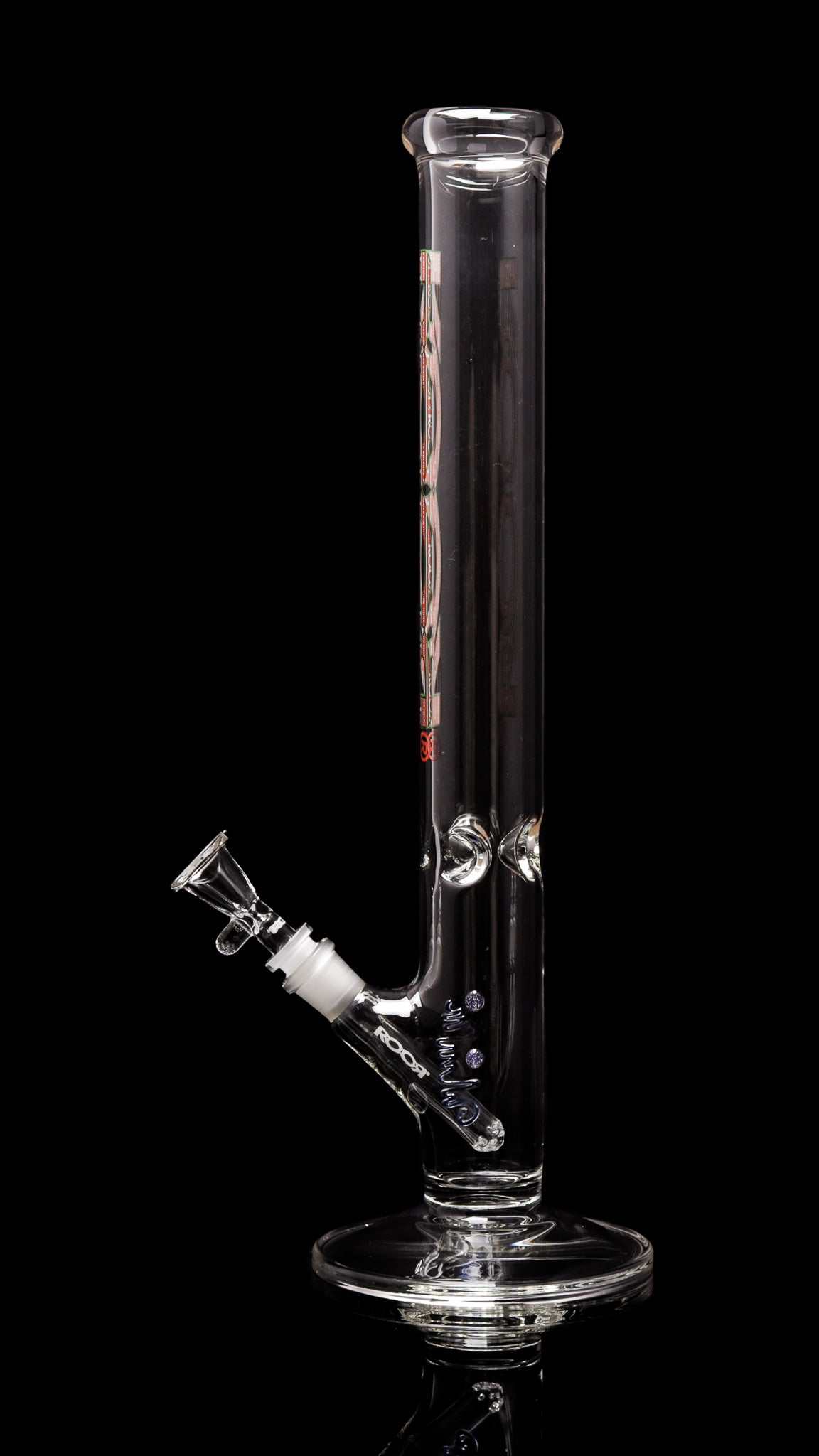 ROOR® Classic 18" Straight glass bong with X-Mas Ugly Sweater decal, featuring ice pinches and medium funnel bowl.