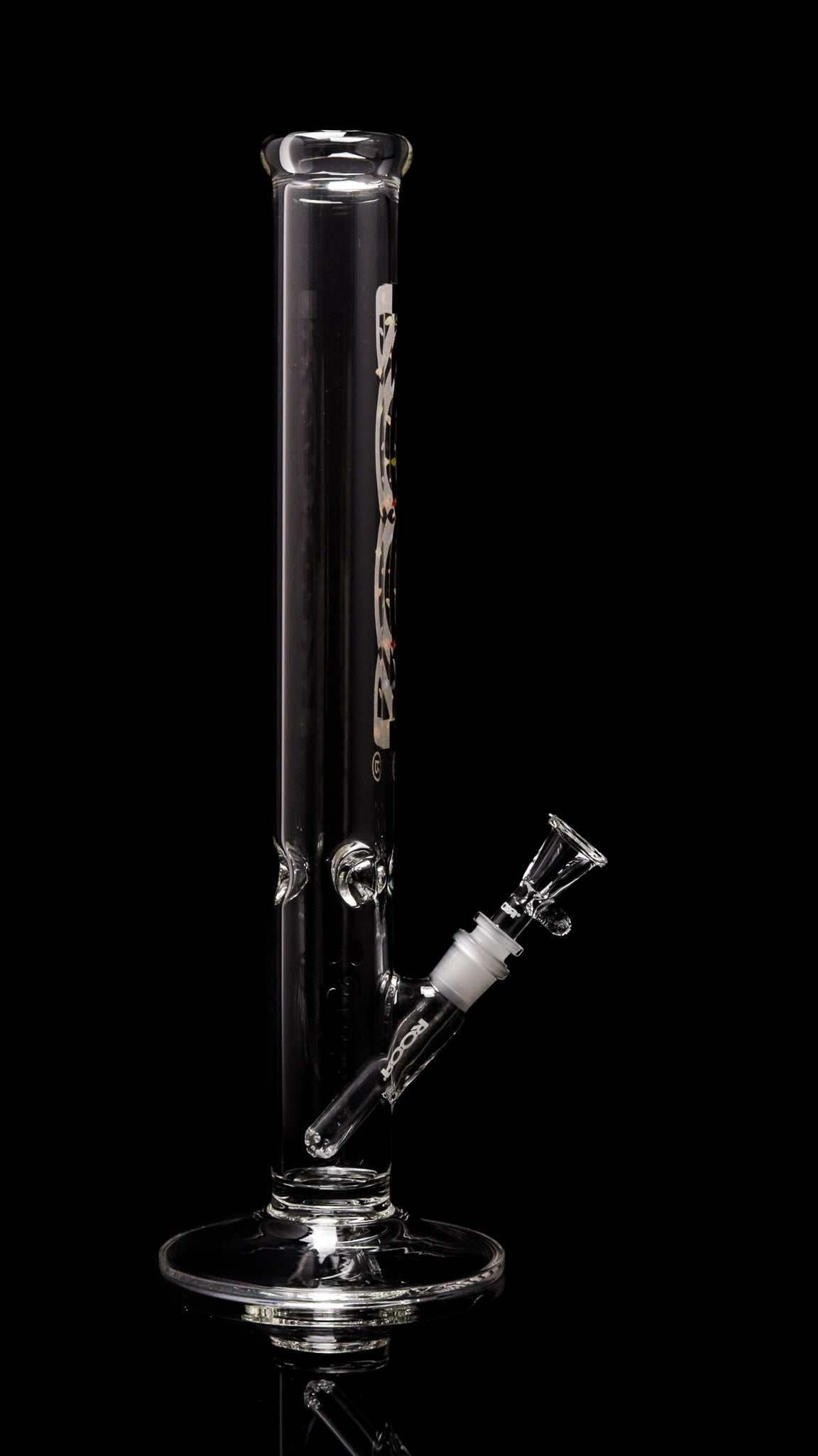 ROOR® Classic 18" Straight 50x5mm X-Mas Lights glass bong with unique decal and ice pinches on a black background.