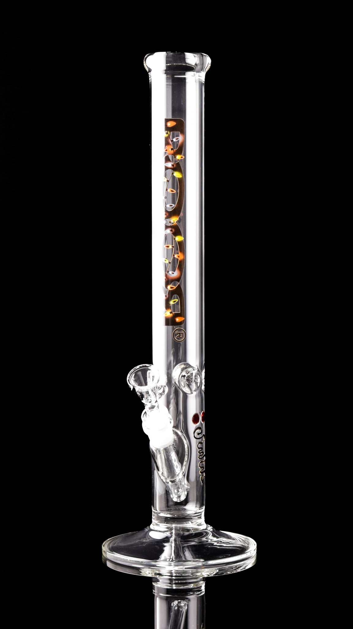 ROOR® Classic 18" Straight 50x5mm glass pipe with holiday-themed design on a black background.