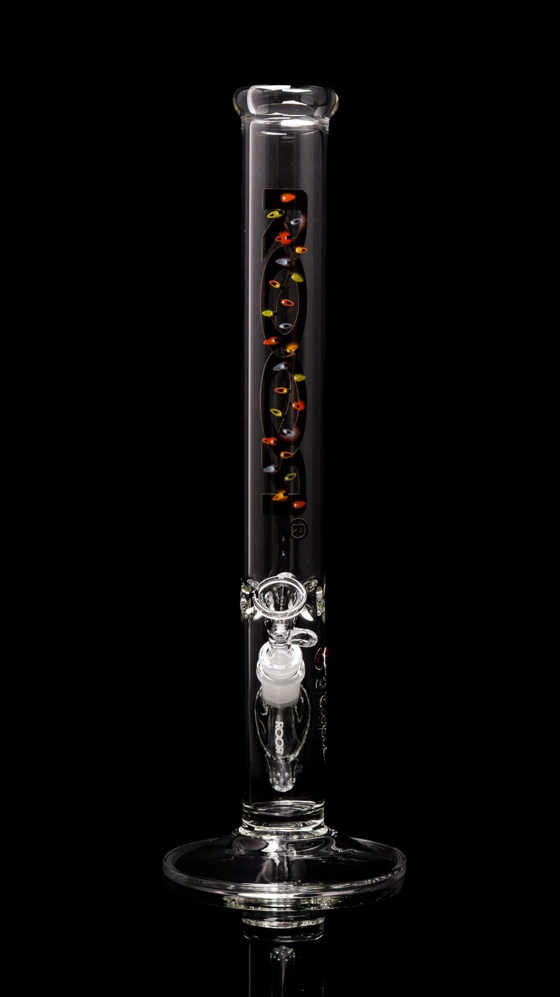 ROOR® Classic 18" Straight glass beaker with holiday lights decal, crafted from 50x5mm German Schott glass.