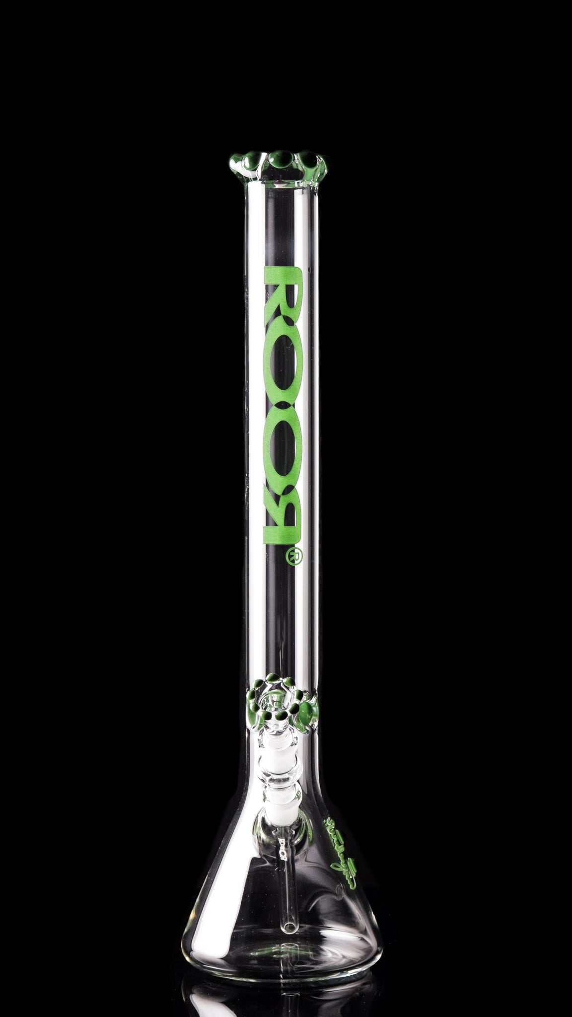ROOR Classic 22-inch clear glass beaker bong with green Single Crown accents and logo