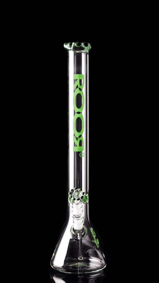 ROOR Classic 22-inch clear glass beaker bong with green Single Crown accents and logo