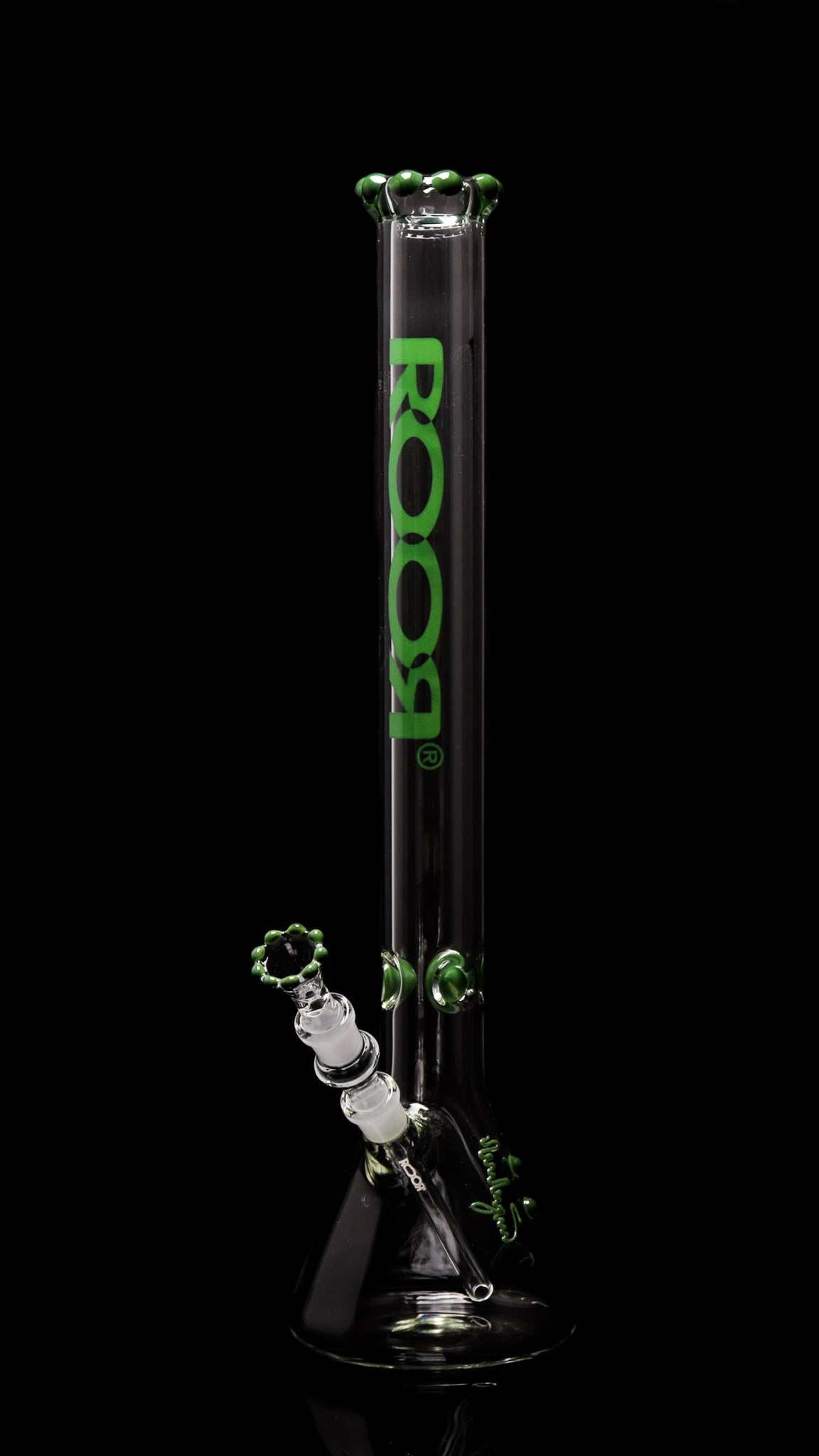 ROOR Classic 22-inch glass beaker bong with green single crown accents and logo, 50x7mm German Schott glass, ice pinches, and hand-measured downstem.