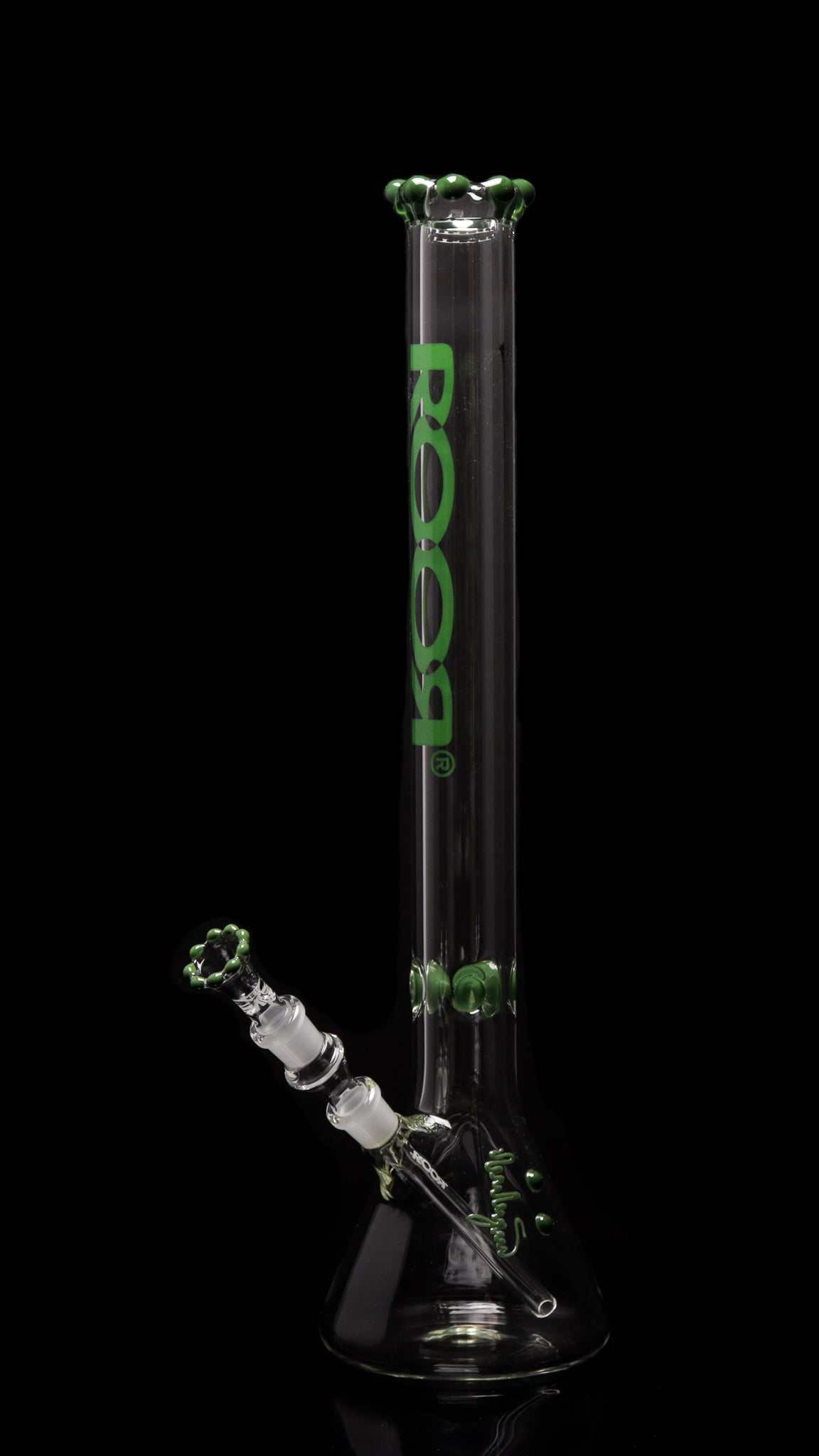 ROOR Classic 22-inch glass beaker bong with 50x7mm thickness and green Single Crown accents