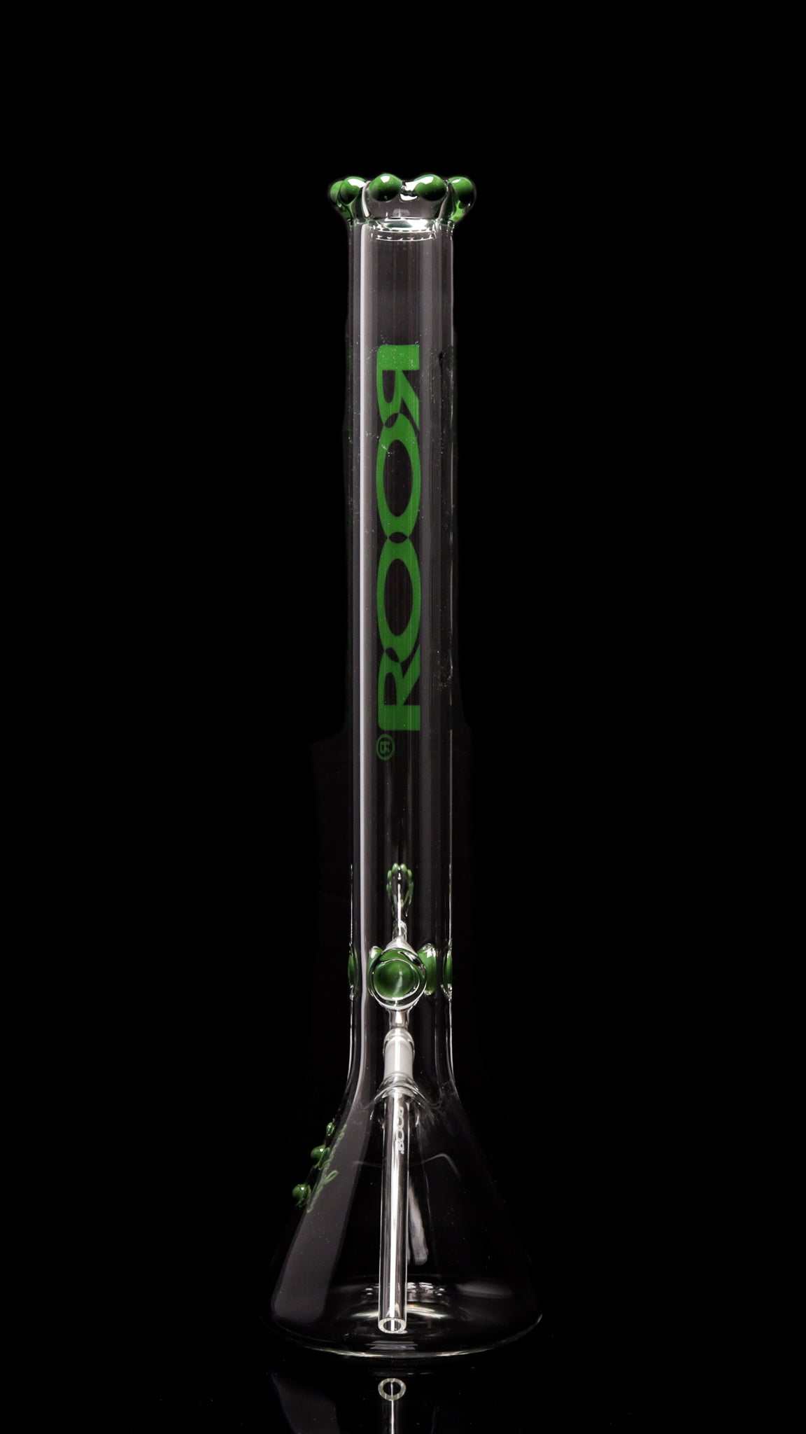 ROOR Classic 22-inch green beaker bong made from thick German Schott glass with signature logo and crown details
