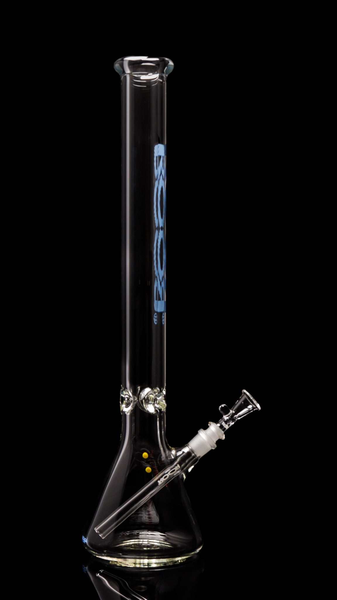 ROOR® Classic 22" Beaker with Too Blue decal, crafted from 50x9mm German Schott glass, featuring built-in ice pinches for cooling.