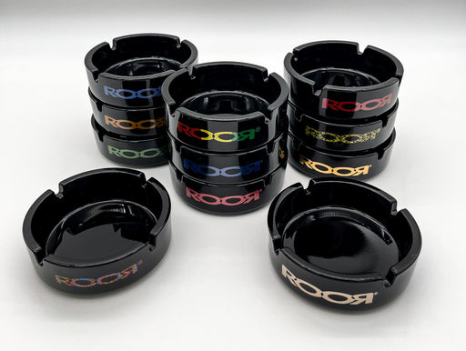 Black ROOR glass ashtrays with various colored decals, limited edition collector's item.