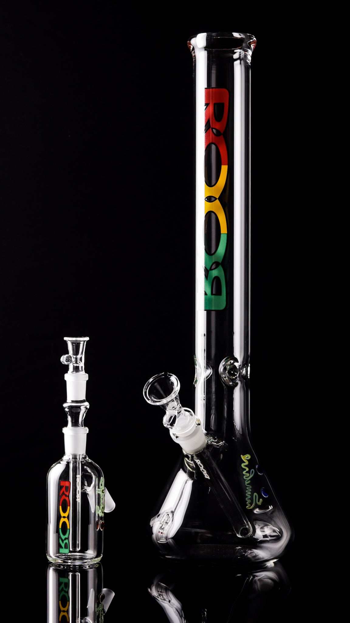 Exclusive ROOR 18” beaker with RASTA label and 45x5 14mm ashcatcher collectors bundle set.