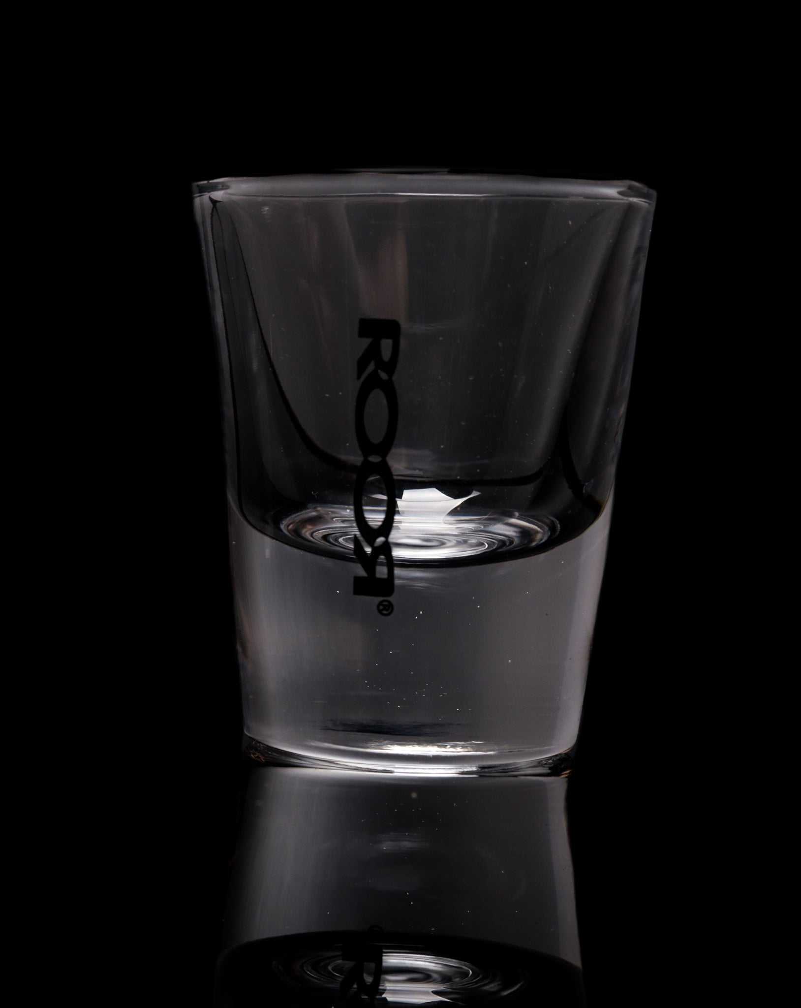 ROOR Shot Glass with thick clear base, 1oz, assorted decal colors.