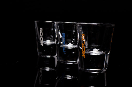 ROOR Shot Glass with thick clear base and assorted decal colors, 1oz capacity.