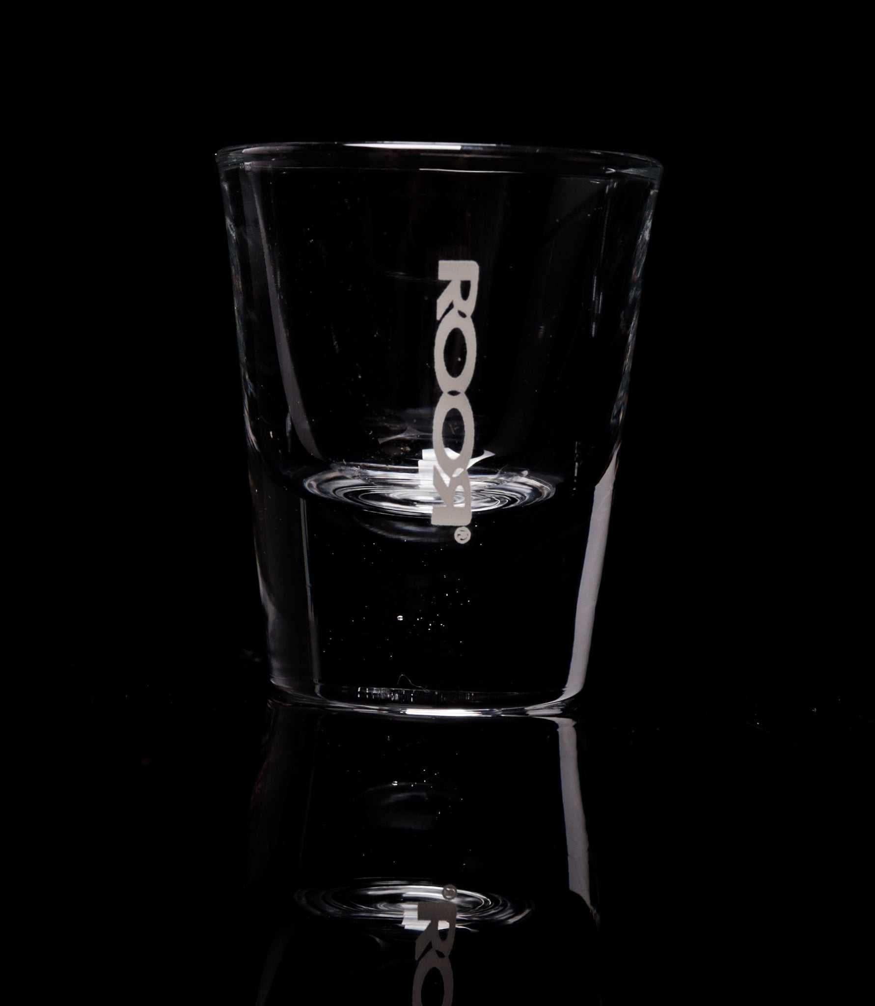 ROOR Shot Glass with thick clear base, 1oz, assorted decal colors.