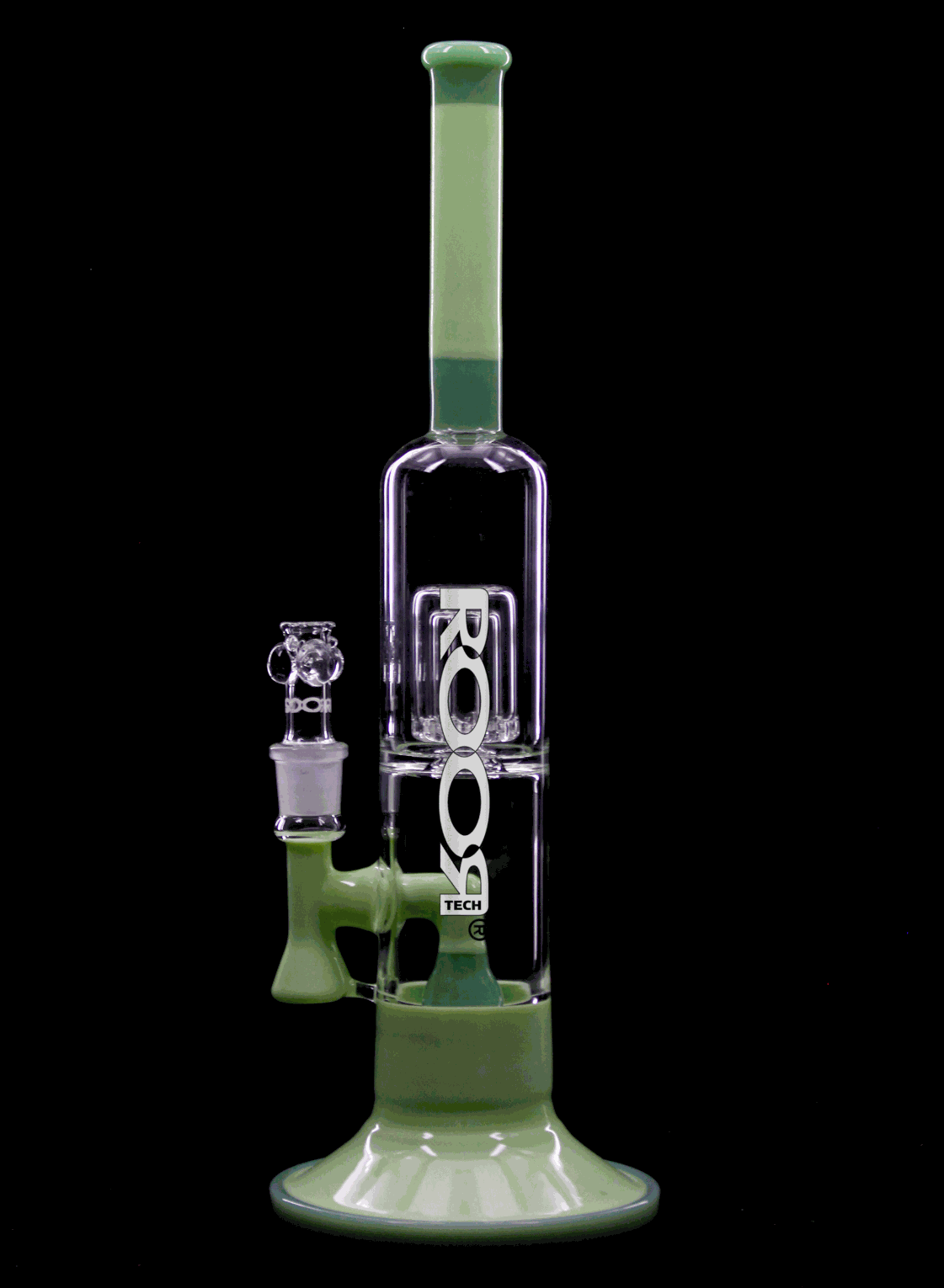 ROOR Tech Fixed 14-inch 50x5 Barrel Bubbler in Milky and Mint green with built-in percolators and debris catcher.