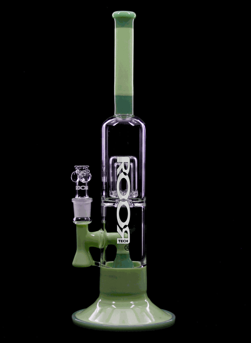 ROOR Tech Fixed 14-inch 50x5 Barrel Bubbler in Milky and Mint green with built-in percolators and debris catcher.