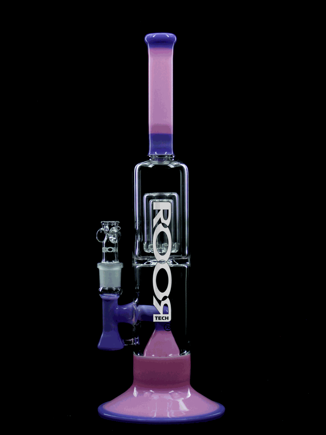 ROOR® Tech Fixed 14" 50X5 Barrel Bubbler in Purple & Pink glass design.