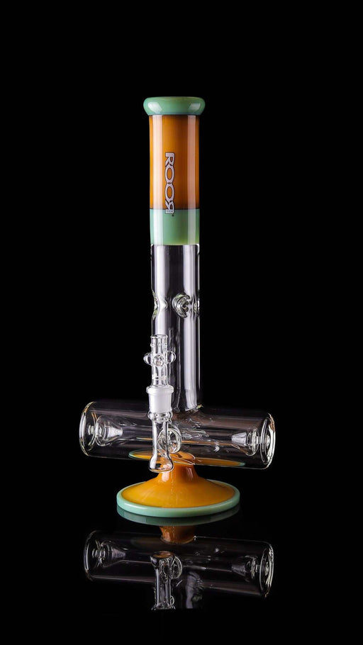 ROOR® Tech 18” Inline Tangie & Mint Clear Perk glass bong with flared ends and built-in ash-catcher for enhanced percolation.
