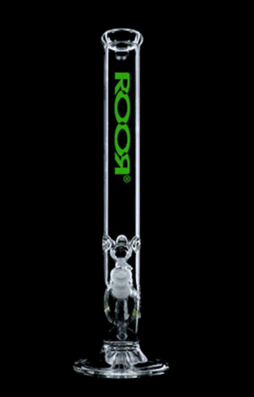 ROOR Classic Straight 18-inch water pipe in 7mm German Schott glass with green decal, front view.