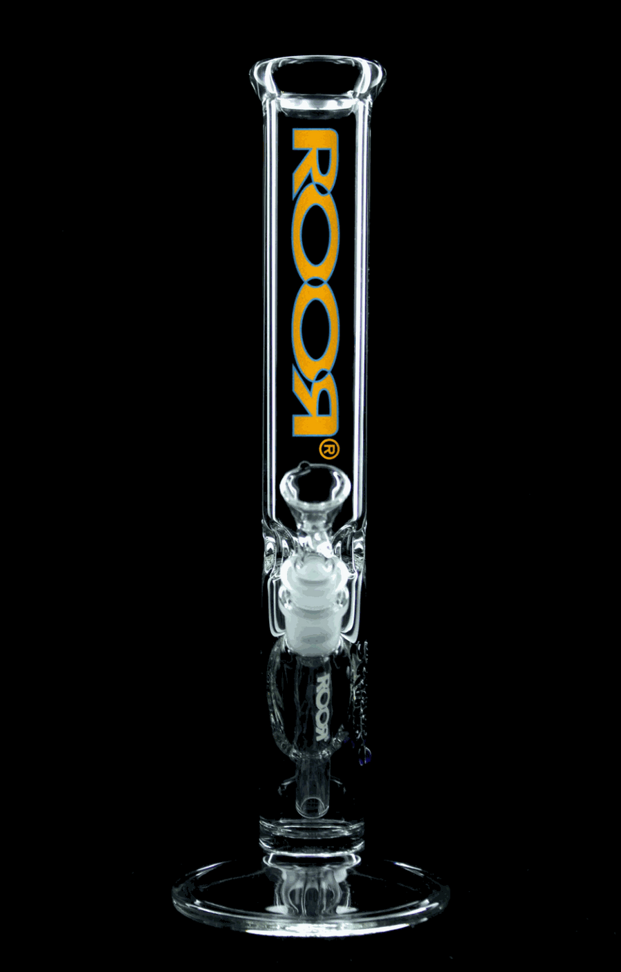 ROOR Classic 14" Straight glass bong with orange and blue logo, 45x5mm German Schott glass, ice pinch feature, and hand-cut downstem.