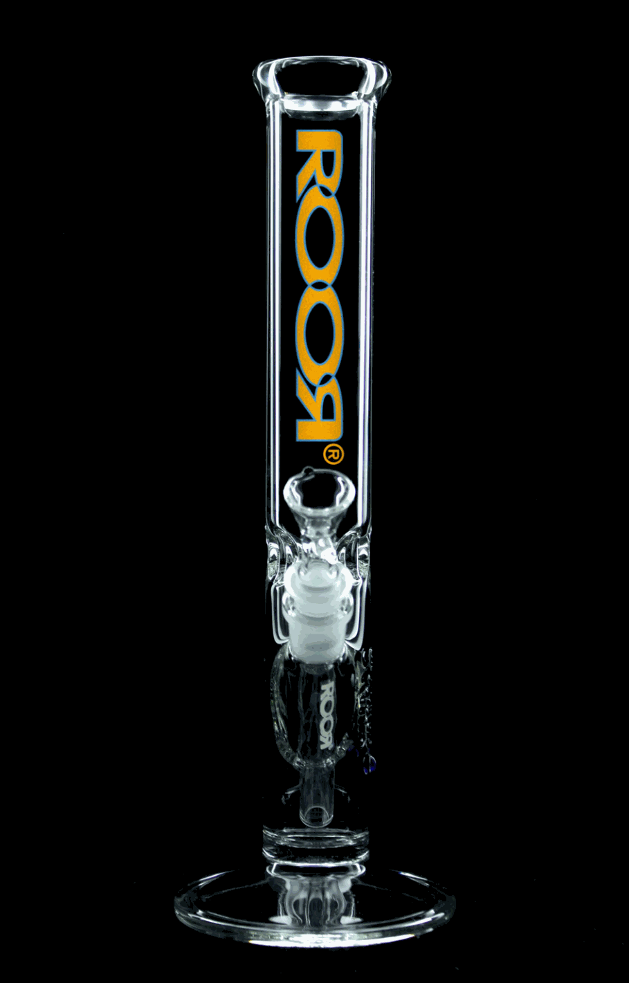 A clear glass ROOR 14” straight tube with orange and blue decals, featuring a signature and the brand name.