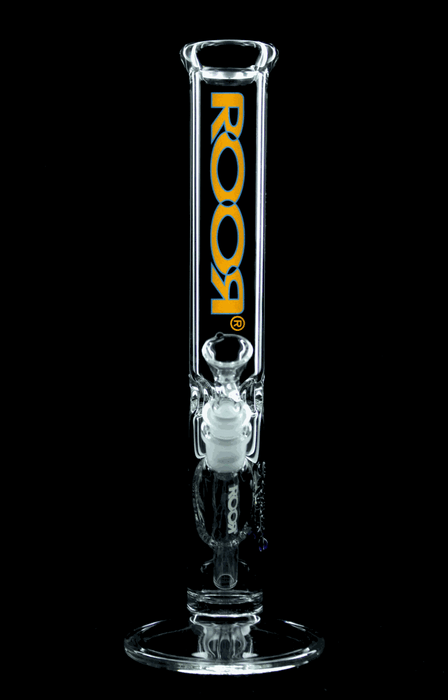 A clear glass ROOR 14” straight tube with orange and blue decals, featuring a signature and the brand name.