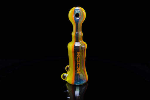 SelflessGlass Collab Bell Style Chillum Dichro with orange ROOR decal and donut mouthpiece.