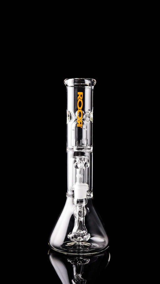 ROOR Tech Fixed 14" clear glass beaker bong with 50x5mm barrel percolator and orange logo