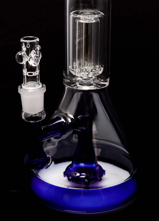 ROOR® Tech Fixed 18" Beaker with Barrel Perc in blue and white glass design.