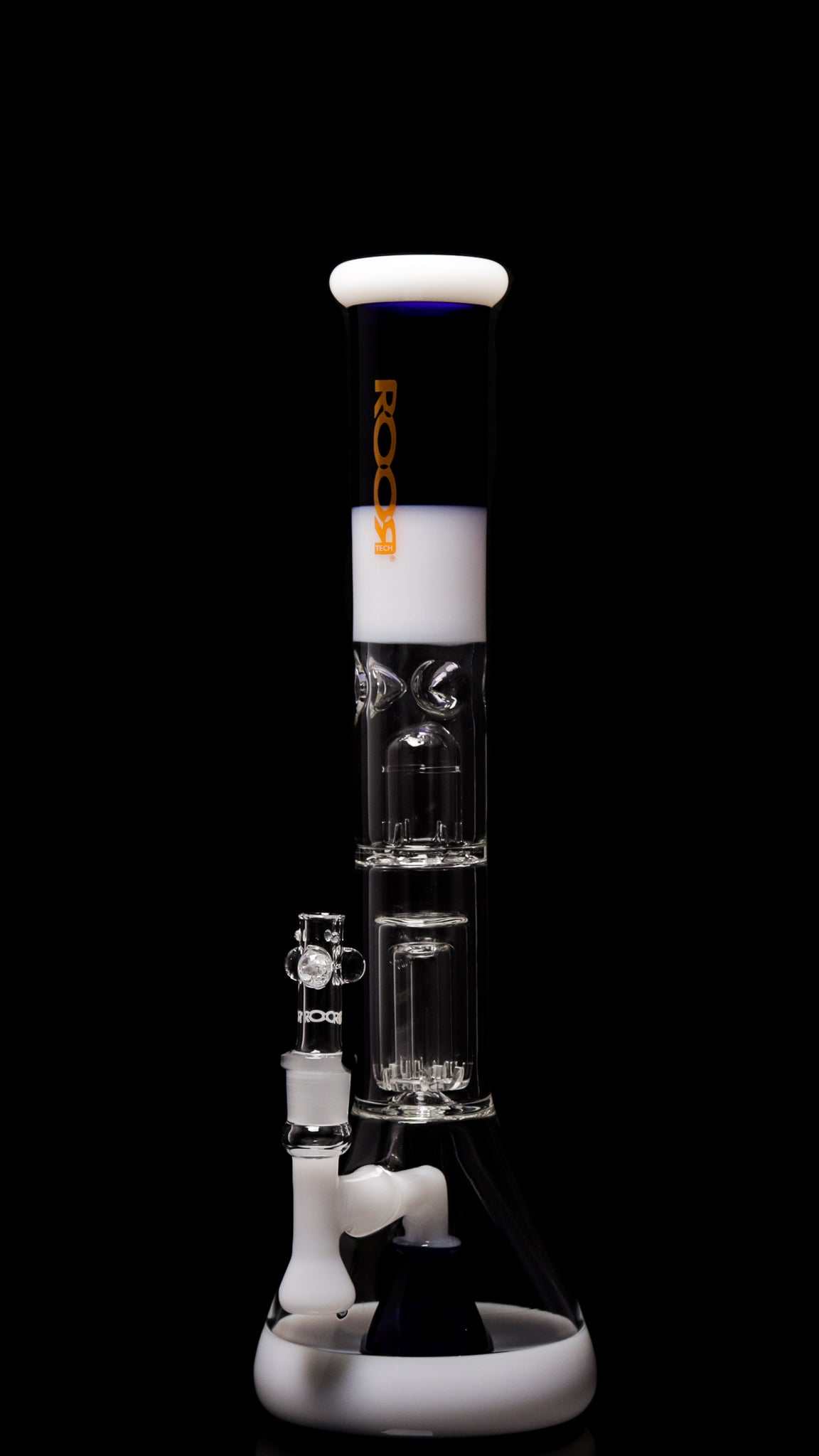ROOR® Tech Fixed 18" Beaker with 50x5mm Barrel Perc in White & Blue on black background.