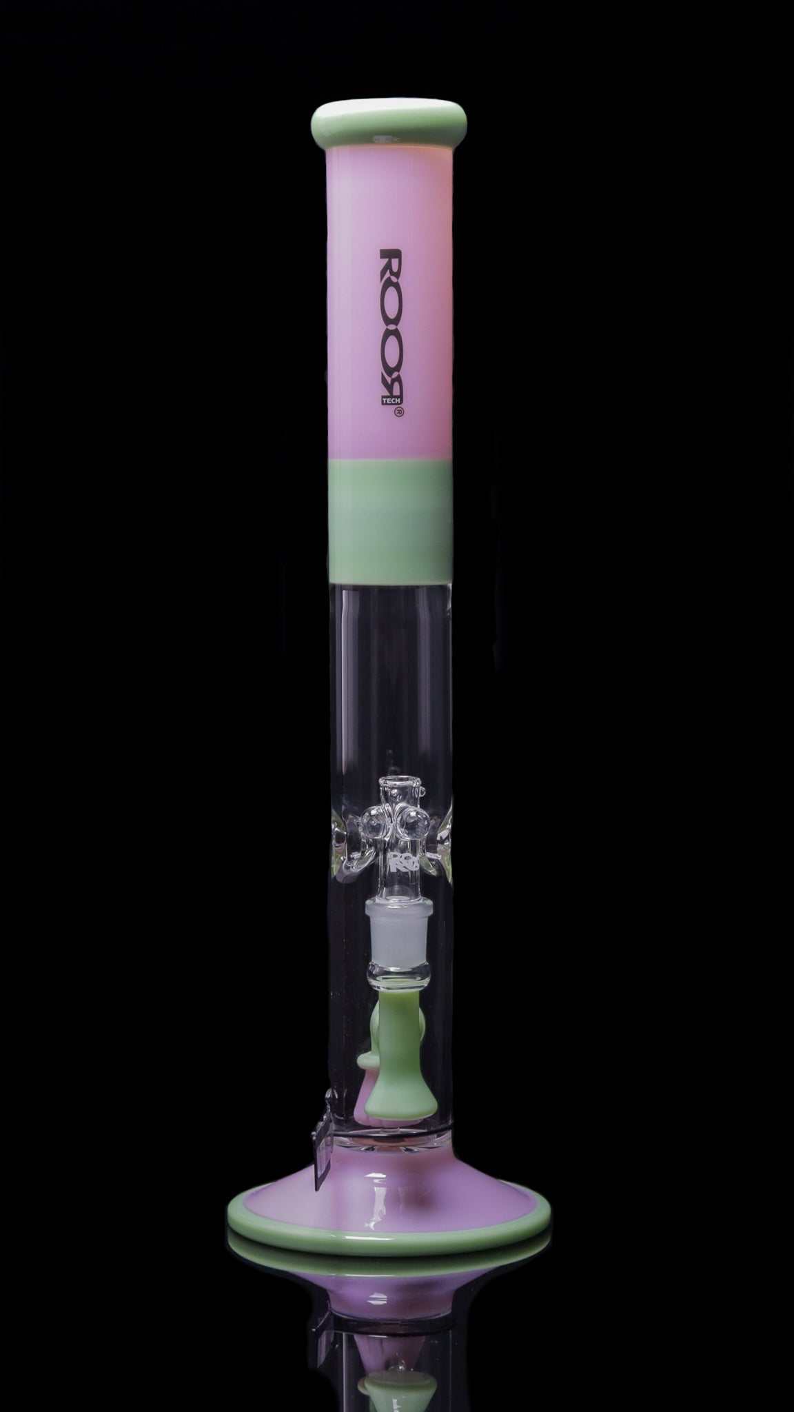 ROOR Tech Fixed 18” straight glass tube in pink and milky green with 50x5mm German Duran Schott glass and built-in percolator and ice pinches