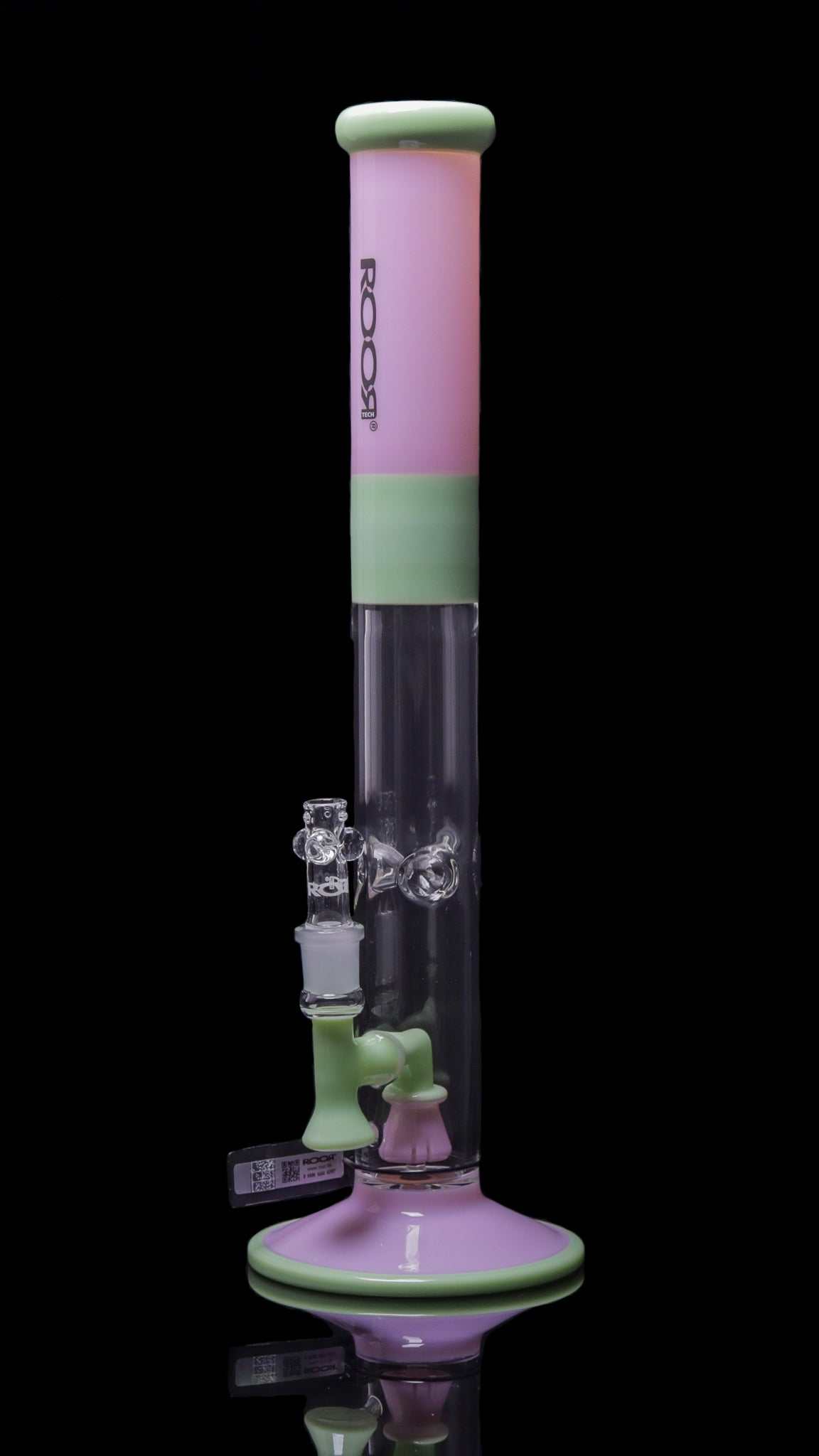 ROOR® Tech Fixed 18” Straight 50x5mm glass bong in pink and milky green with built-in debris catcher and ice pinches