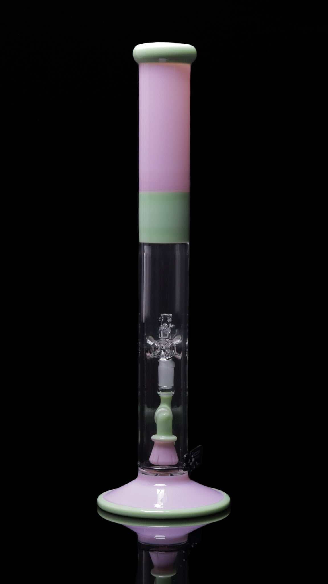 ROOR® Tech Fixed 18” Straight 50x5mm glass bong in pink and milky green with clear percolator and wide base