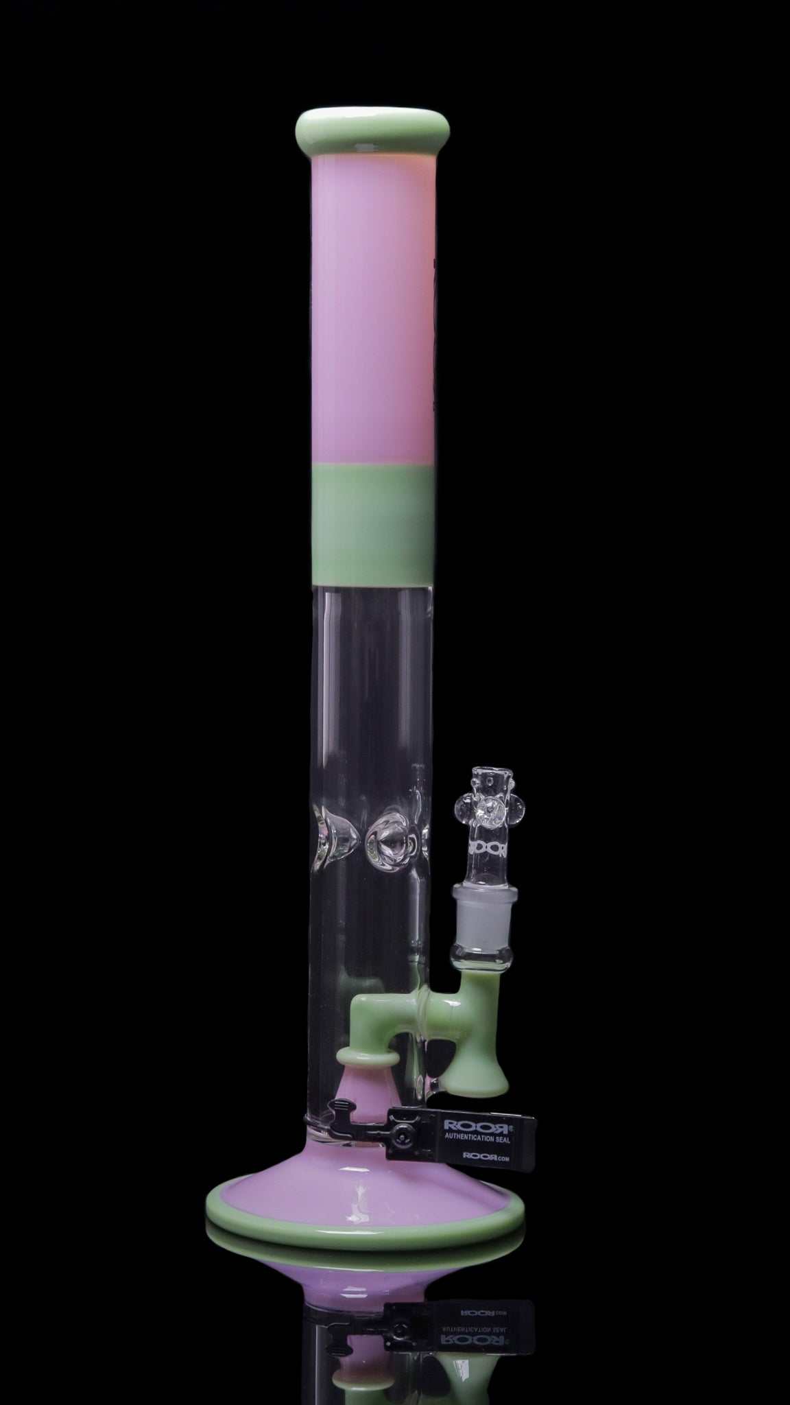 ROOR® Tech Fixed 18” Straight glass bong in pink and milky green with 50x5mm German Duran Schott glass and built-in percolator.