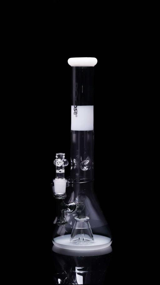 ROOR Tech Mini Fixed 14" Beaker glass bong with smokey grey and white accents and ice pinches.