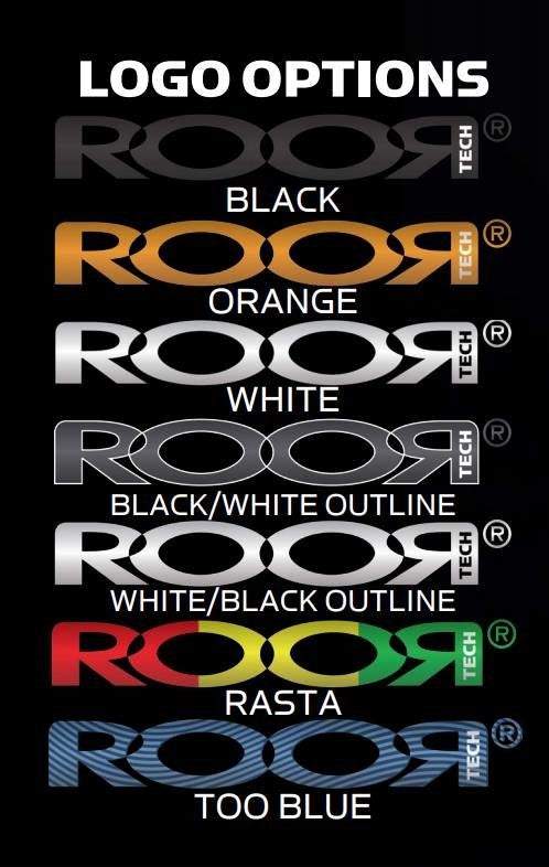 Logo options for ROOR Tech Double 4-Arm Tree Bubble Base in black, orange, white, black/white outline, white/black outline, rasta, and too blue.